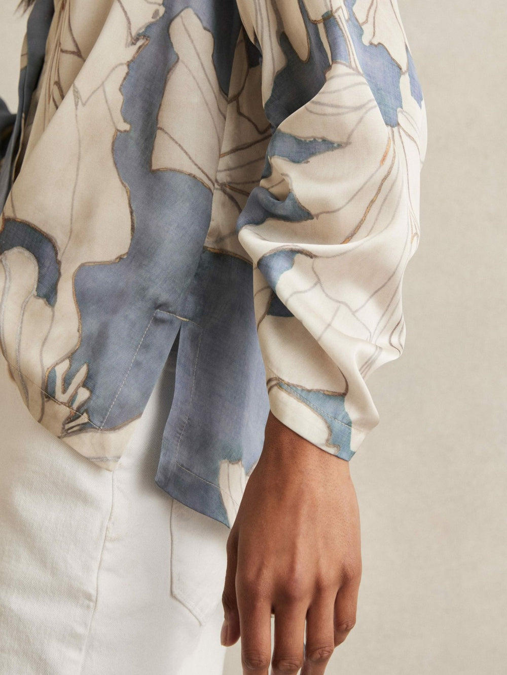 Reiss | Floral Print Gathered Cut Out Shirt in Blue