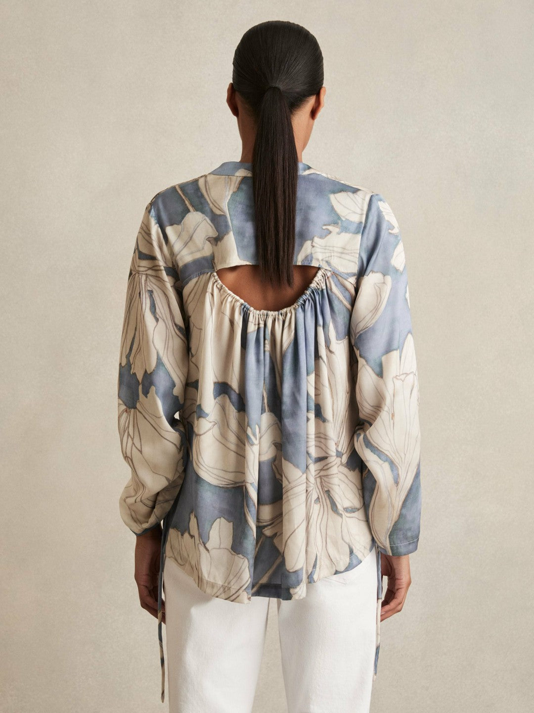Reiss | Floral Print Gathered Cut Out Shirt in Blue