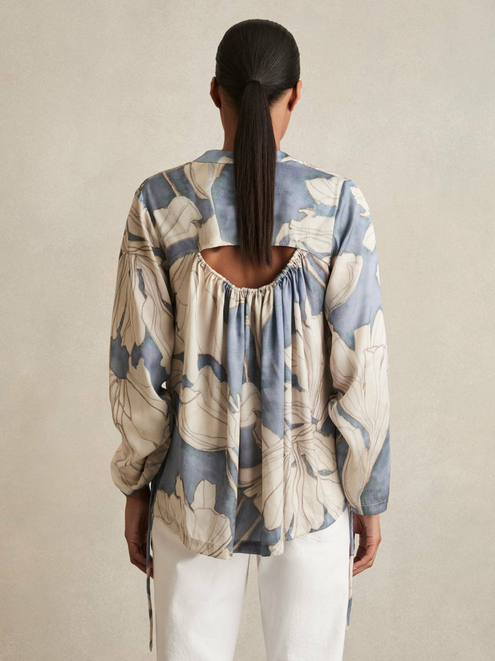 Reiss | Floral Print Gathered Cut Out Shirt in Blue