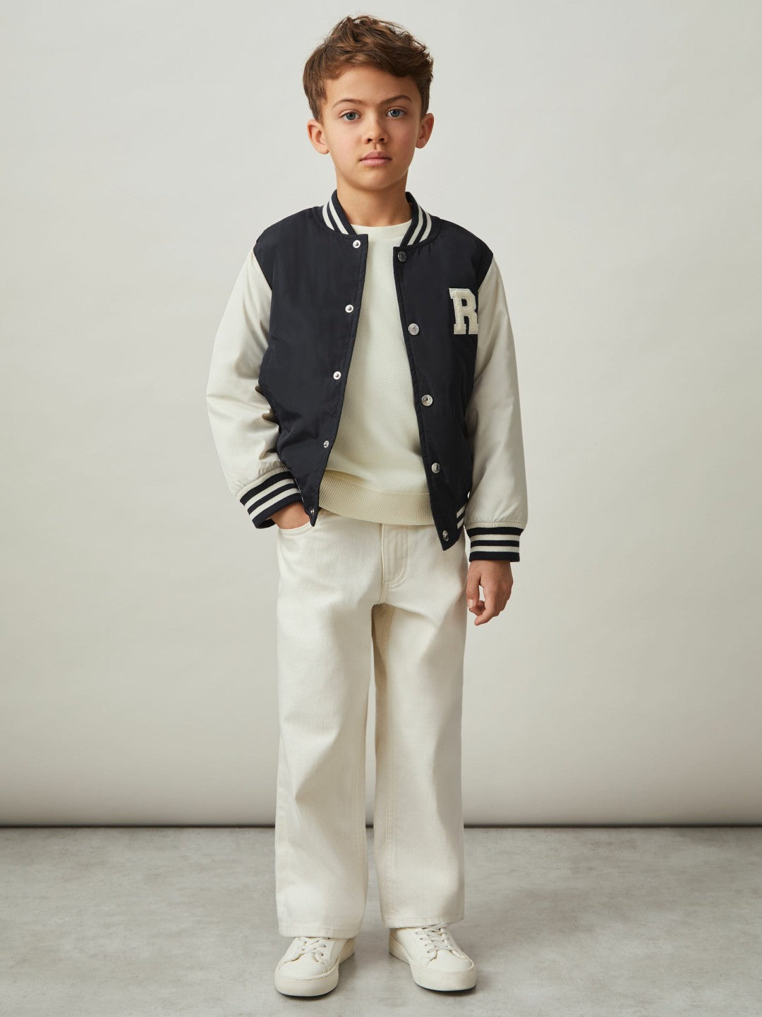 Reiss | 9-13 yrs Colour-Block Varsity Bomber Jacket in Navy/ Off White