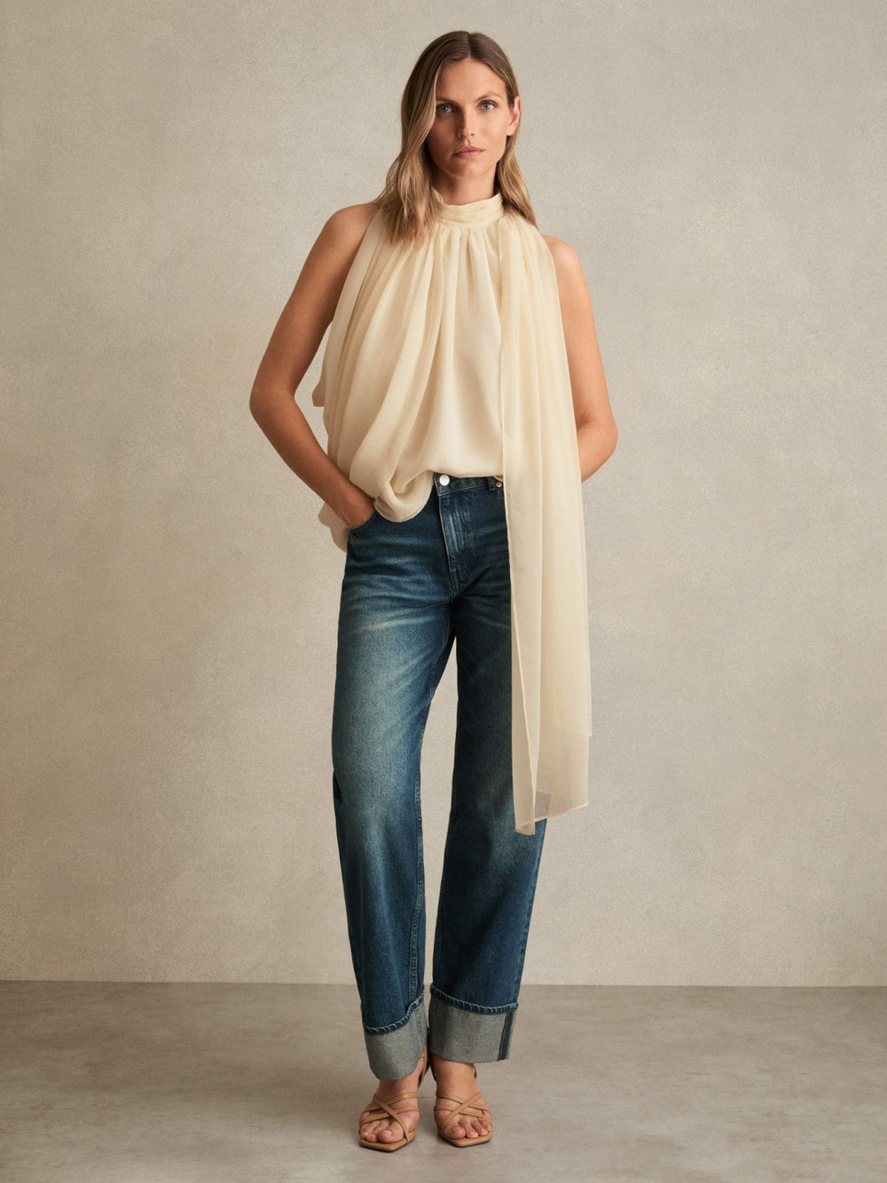 Reiss | Draped Chiffon Sleeveless Top in Ivory
