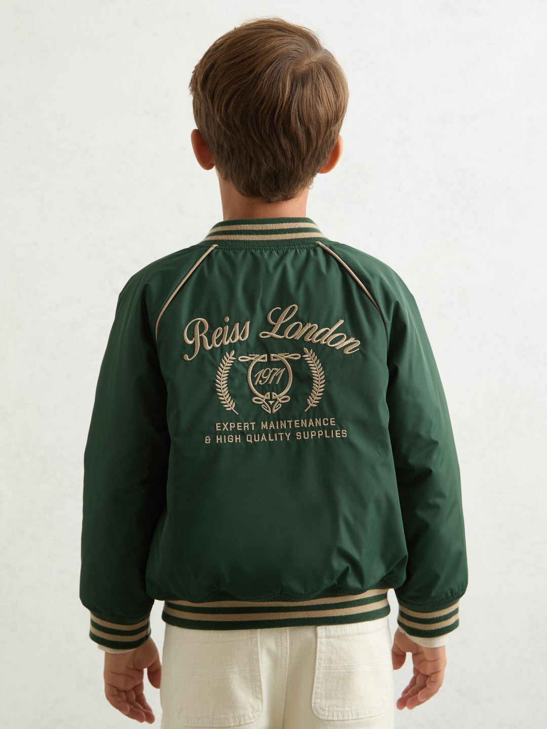 Reiss | 9-13 yrs Motor Cars Embroidered Bomber Jacket in Forest Green/Off White