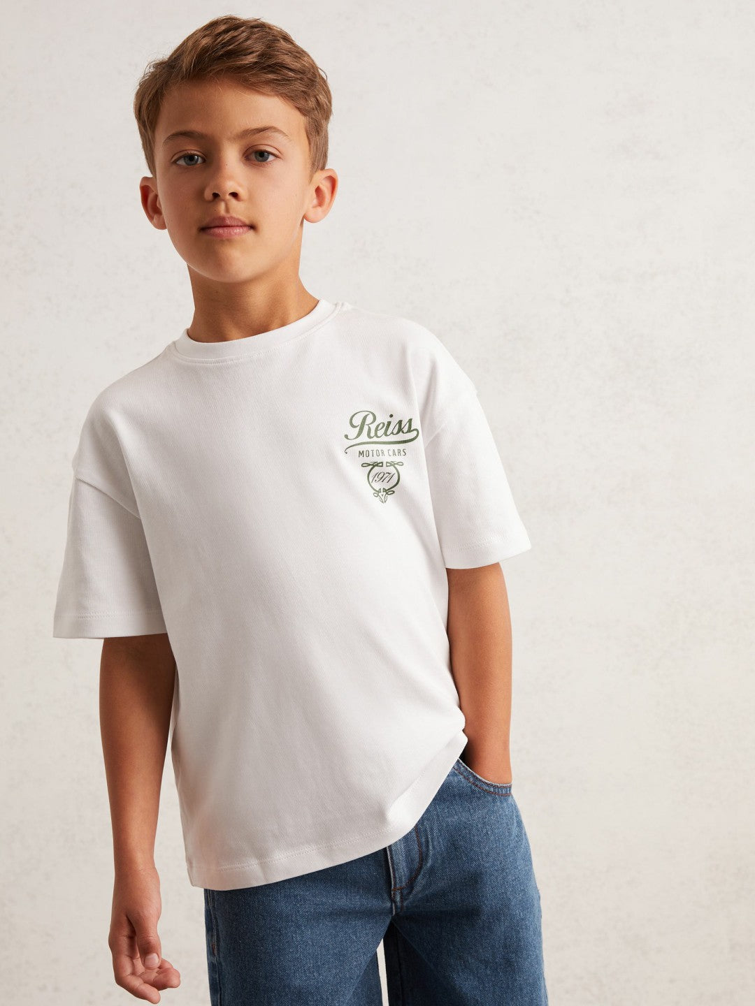 Reiss | 13-14 yrs Cotton Motor Cars-Print T-Shirt in White/Green
