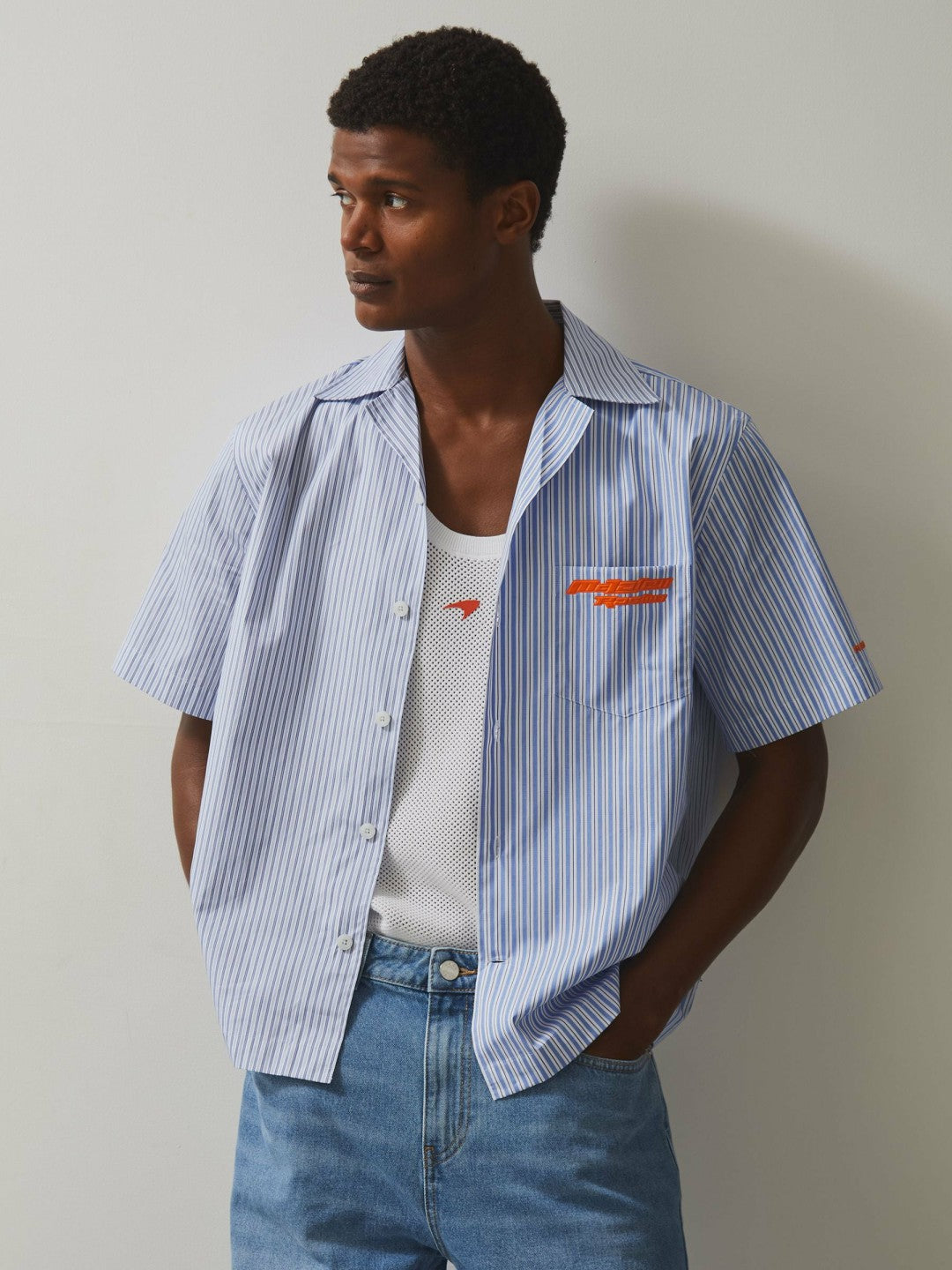 Reiss | McLaren F1 Team Cuban Collar Striped Shirt in Soft Blue/White