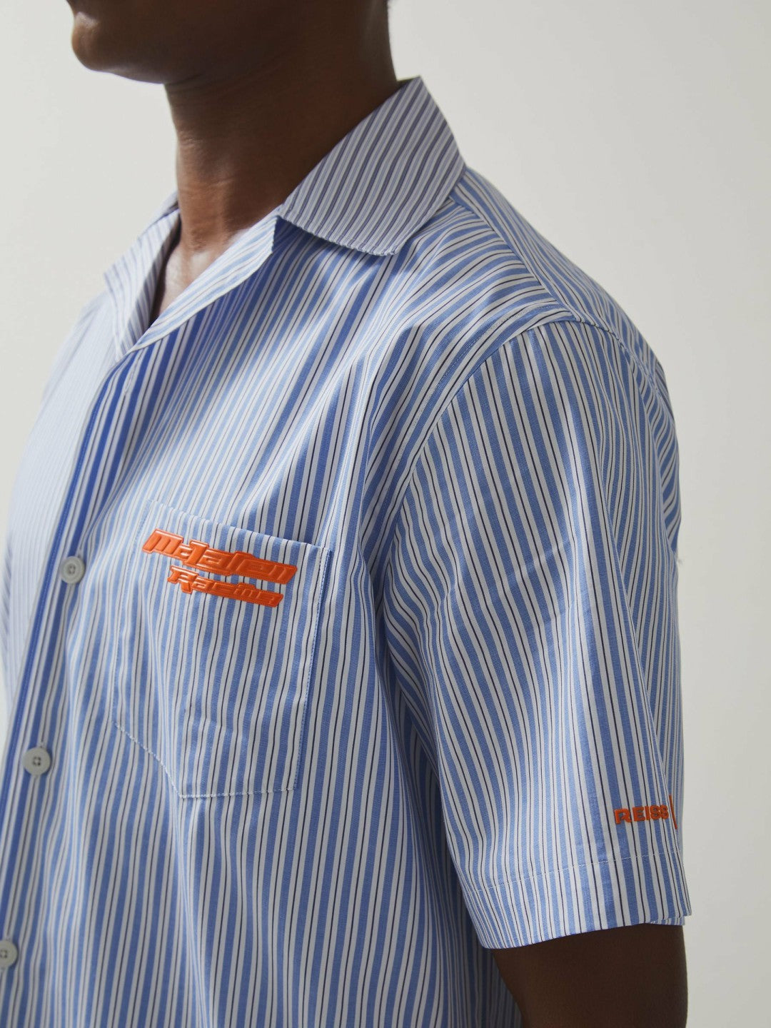 Reiss | McLaren F1 Team Cuban Collar Striped Shirt in Soft Blue/White