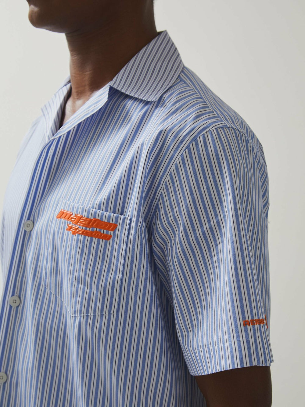 Reiss | McLaren F1 Team Cuban Collar Striped Shirt in Soft Blue/White