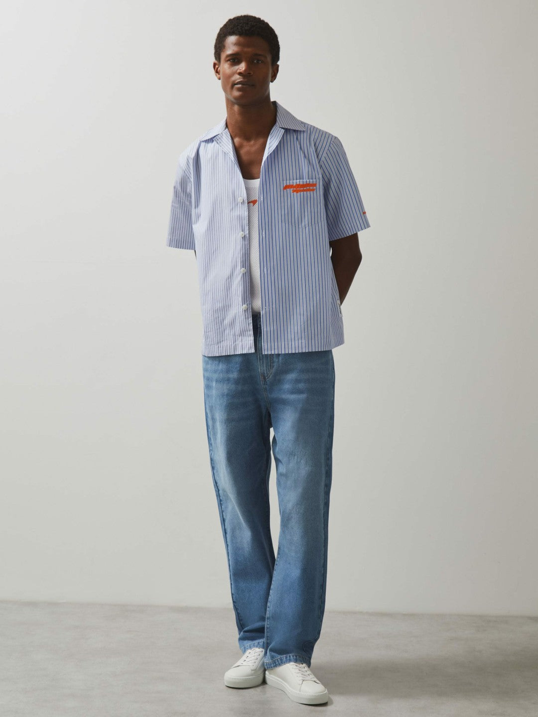 Reiss | McLaren F1 Team Cuban Collar Striped Shirt in Soft Blue/White
