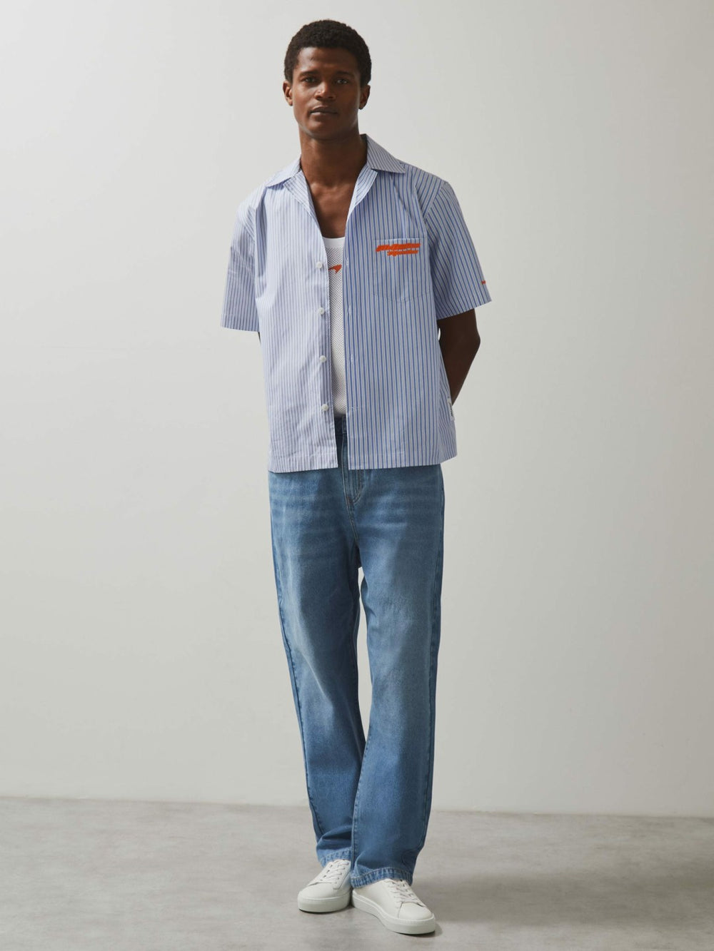 Reiss | McLaren F1 Team Cuban Collar Striped Shirt in Soft Blue/White