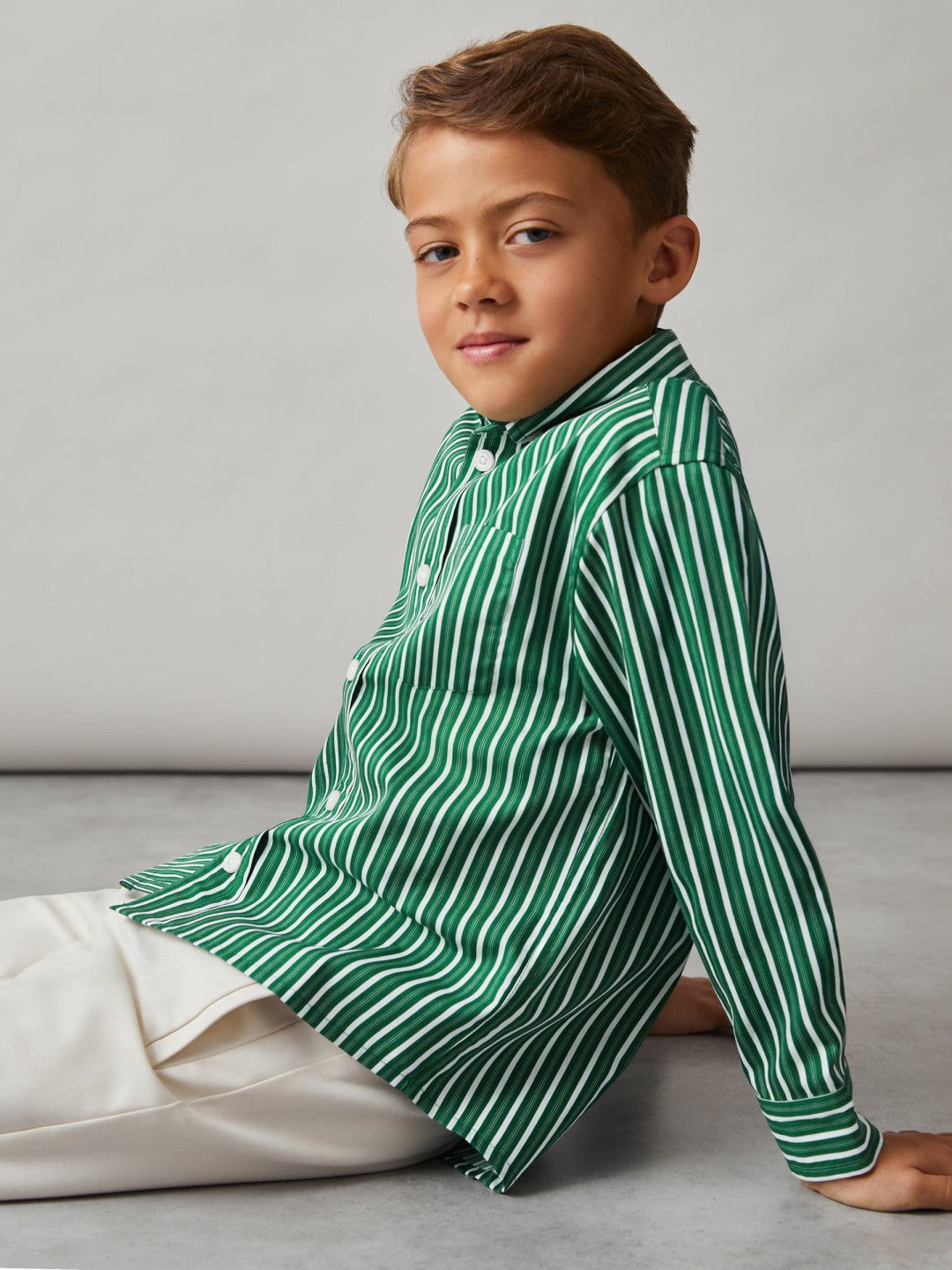 Reiss | 13-14 yrs Cotton-Poplin Striped Oversize Shirt in Green/White