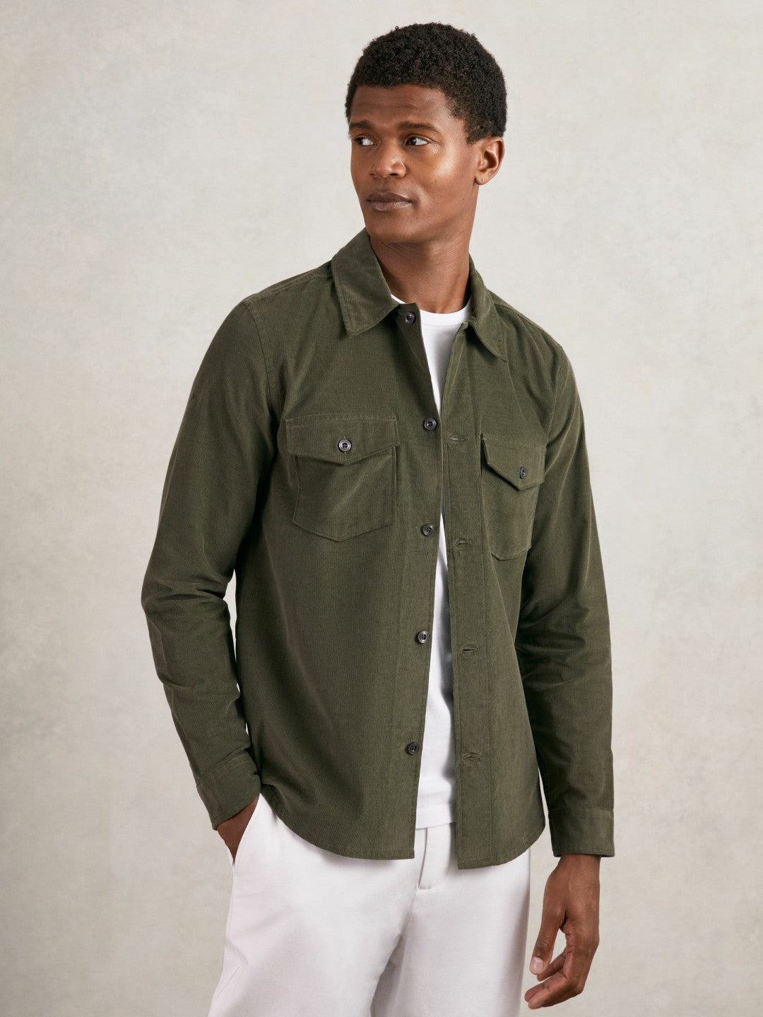Reiss | Cotton Corduroy Twin-Pocket Overshirt in Khaki Green