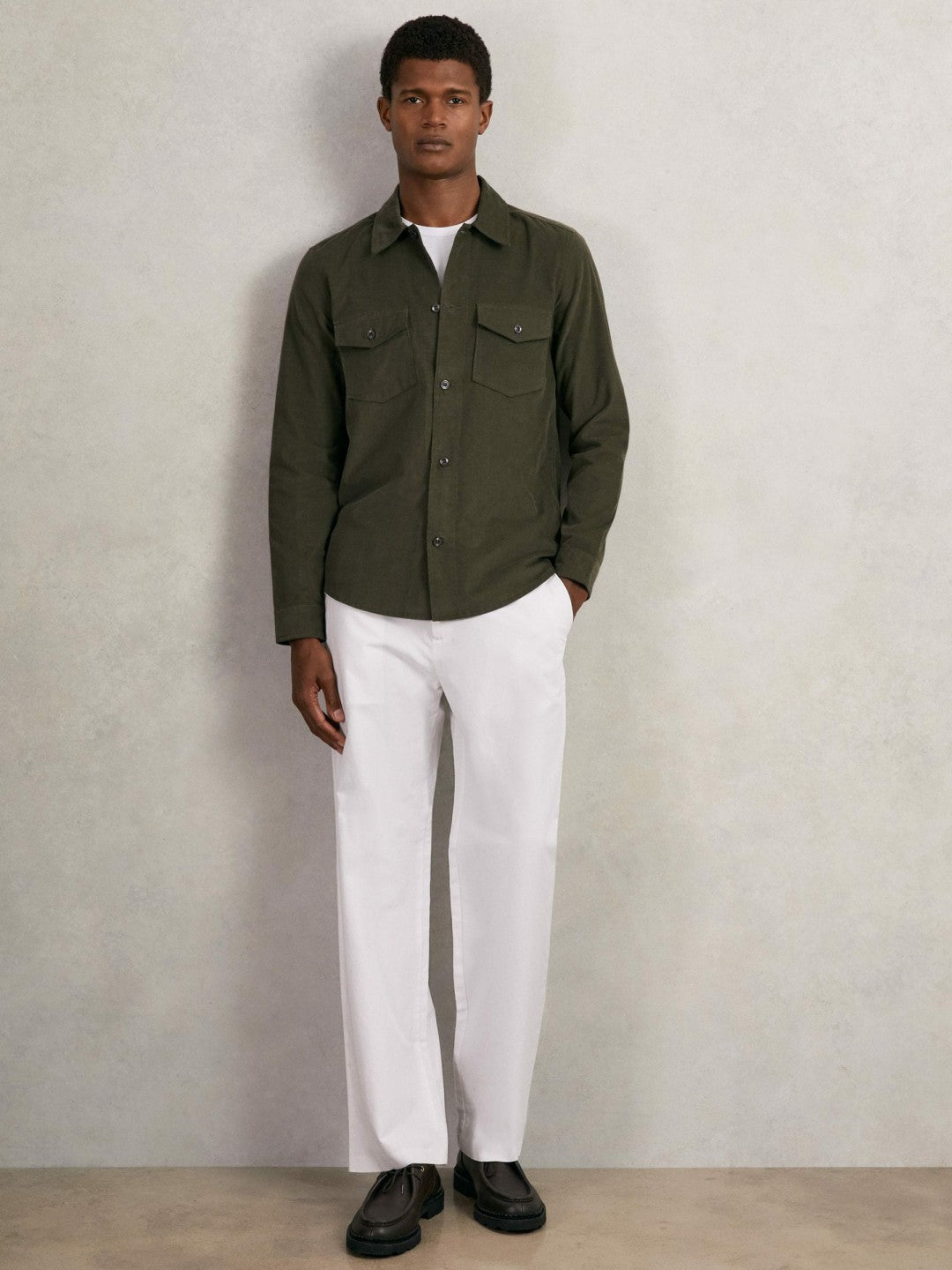 Reiss | Cotton Corduroy Twin-Pocket Overshirt in Khaki Green