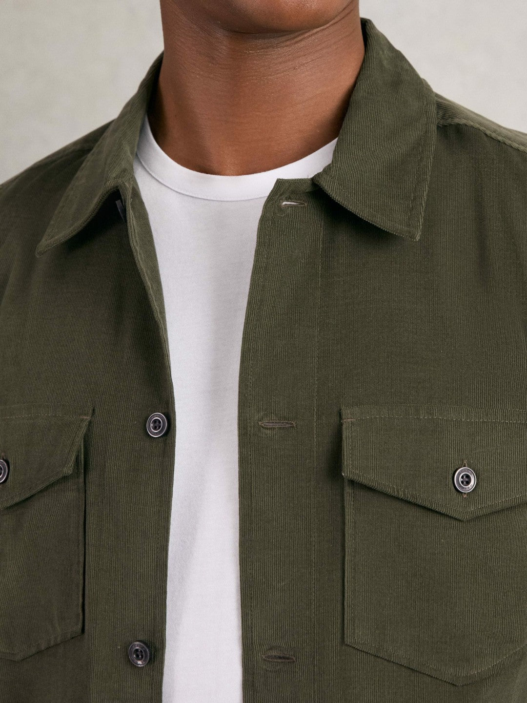 Reiss | Cotton Corduroy Twin-Pocket Overshirt in Khaki Green