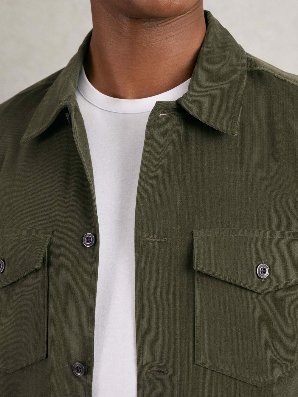 Reiss | Cotton Corduroy Twin-Pocket Overshirt in Khaki Green