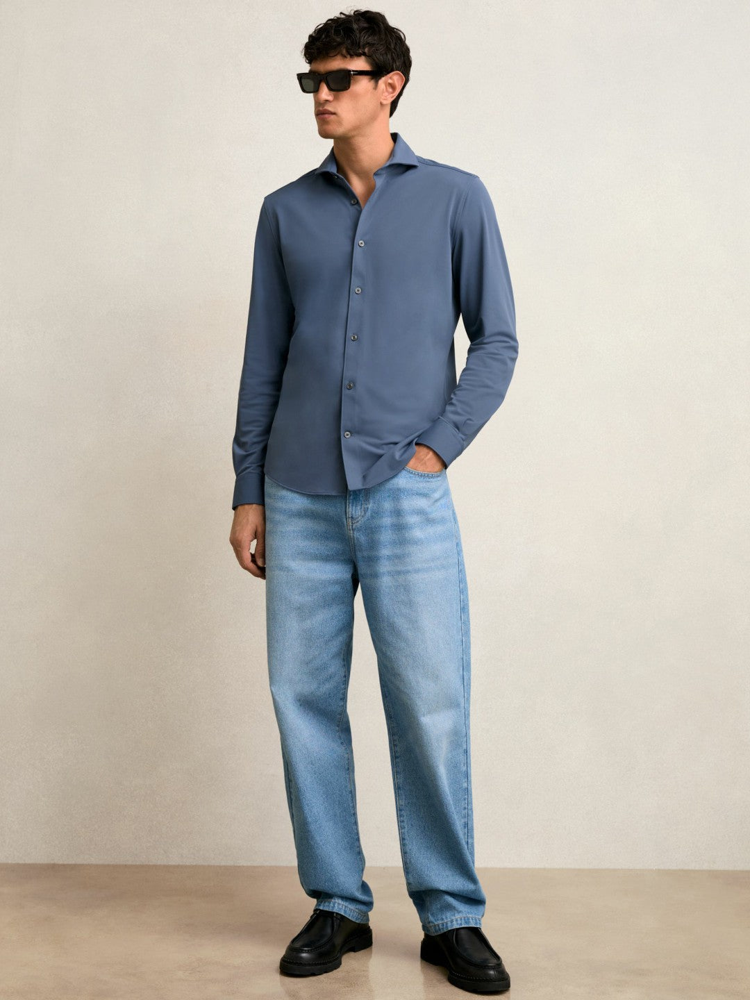 Reiss | Stretch Jersey Cutaway-Collar Shirt in Dark Airforce Blue