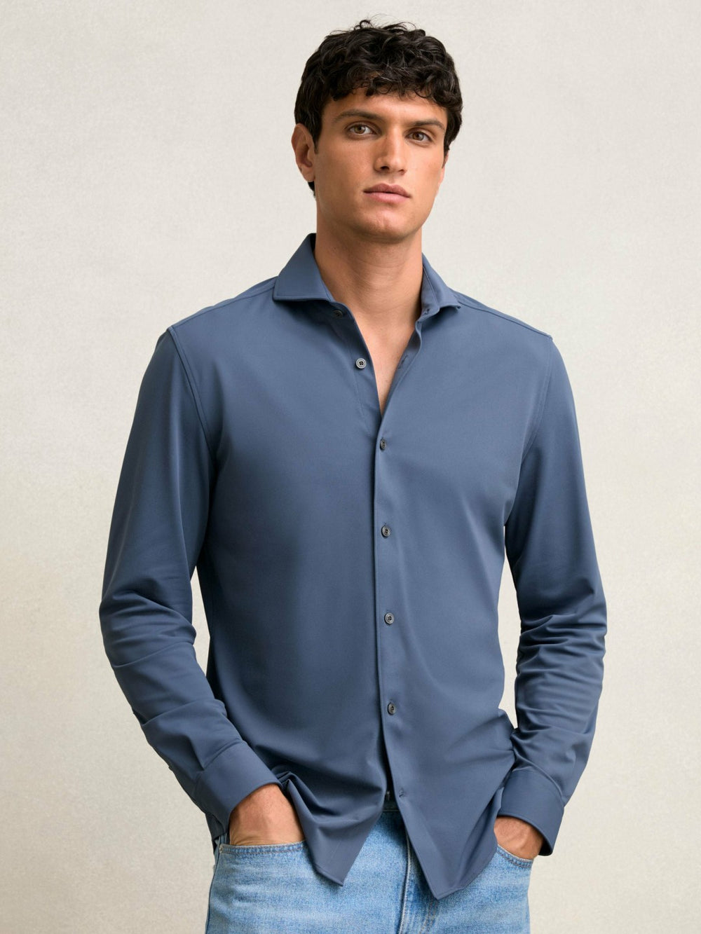 Reiss | Stretch Jersey Cutaway-Collar Shirt in Dark Airforce Blue