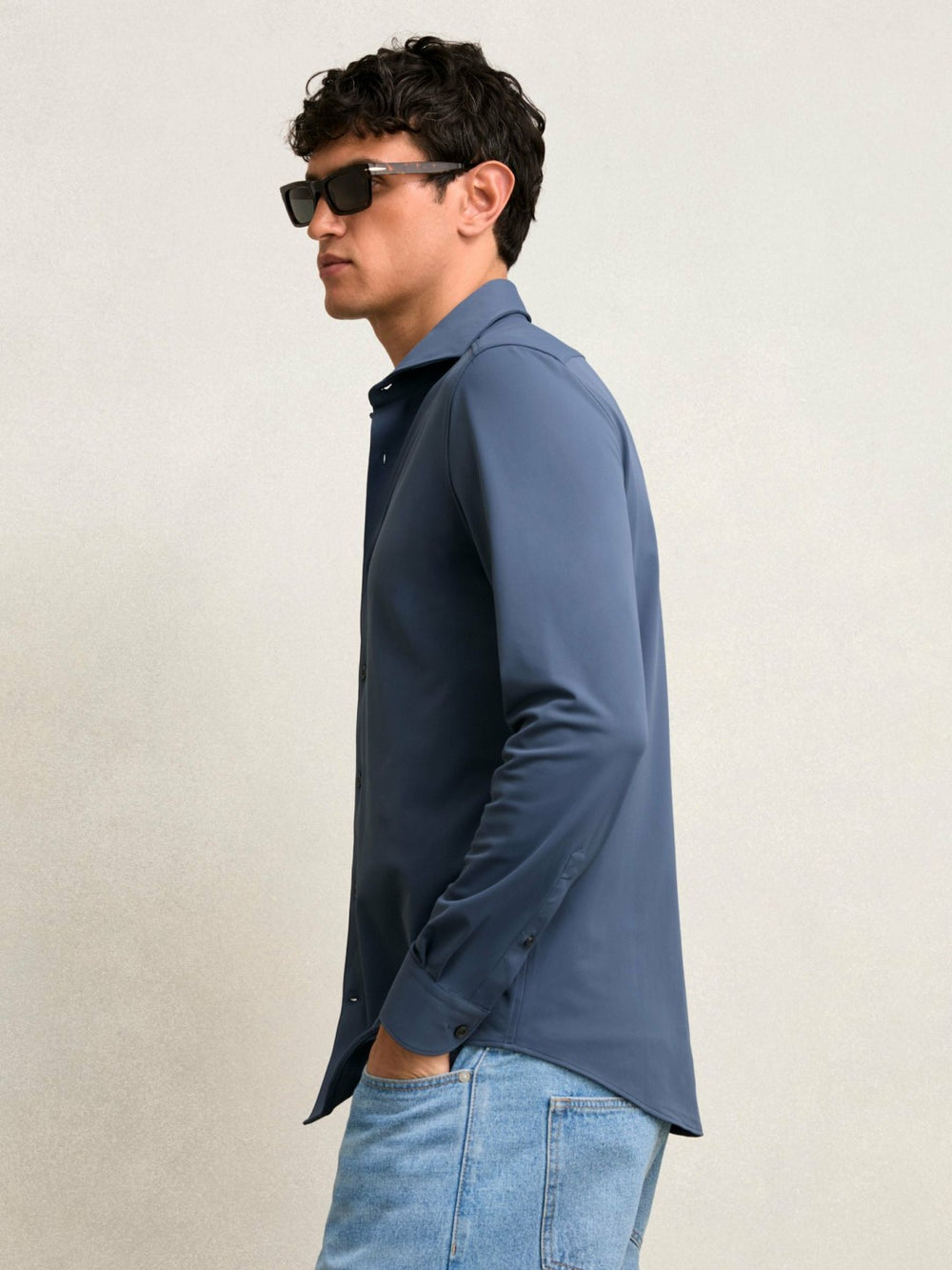 Reiss | Stretch Jersey Cutaway-Collar Shirt in Dark Airforce Blue