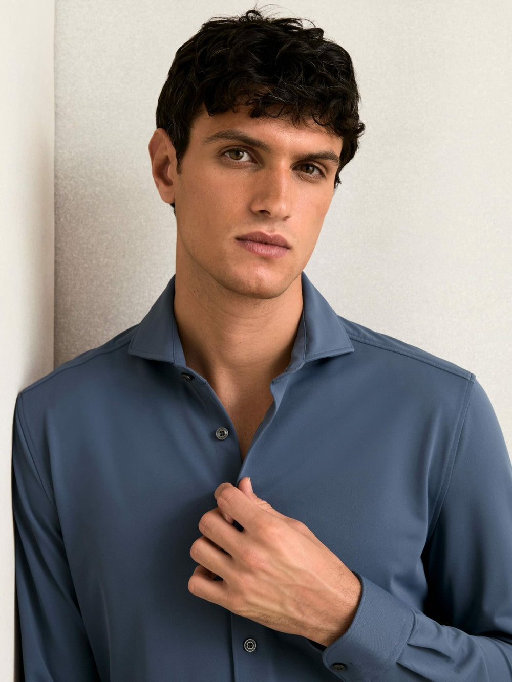 Reiss | Stretch Jersey Cutaway-Collar Shirt in Dark Airforce Blue