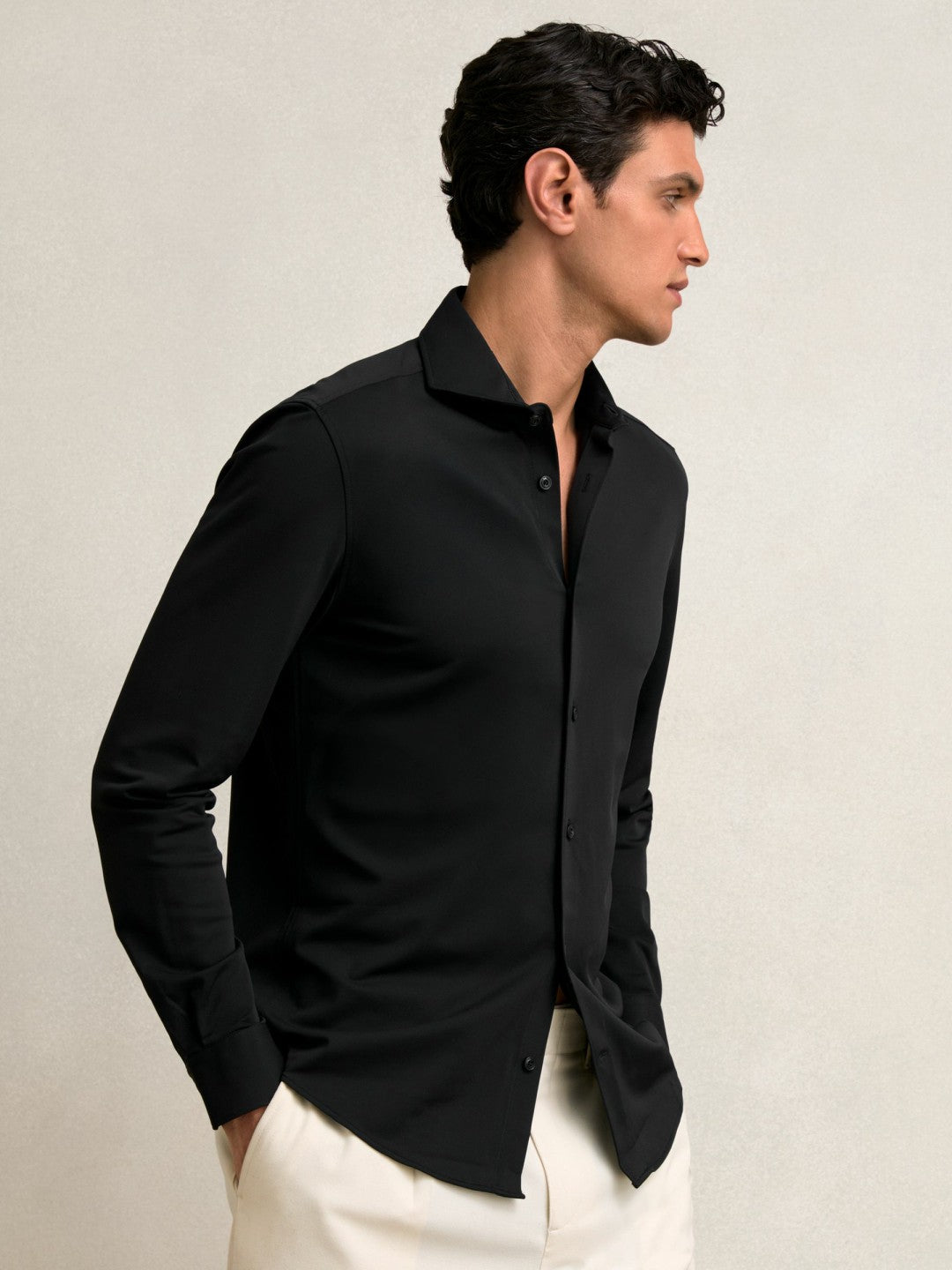 Reiss | Stretch Jersey Cutaway-Collar Shirt in Black