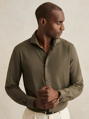 Reiss | Stretch Jersey Cutaway-Collar Shirt in Olive Green