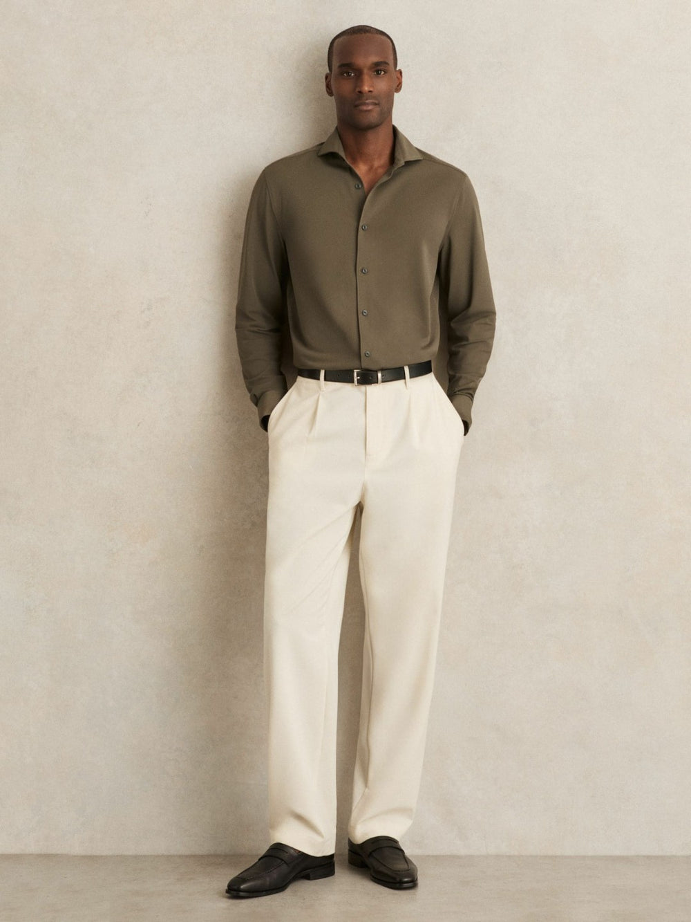 Reiss | Stretch Jersey Cutaway-Collar Shirt in Olive Green