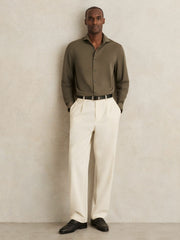 Reiss | Stretch Jersey Cutaway-Collar Shirt in Olive Green