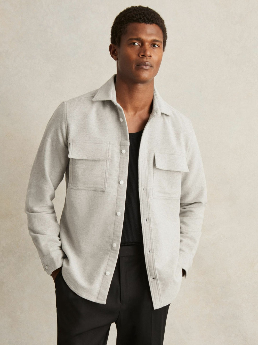 Reiss | Moleskin-Cotton Twin-Pocket Overshirt in Soft Grey Melange