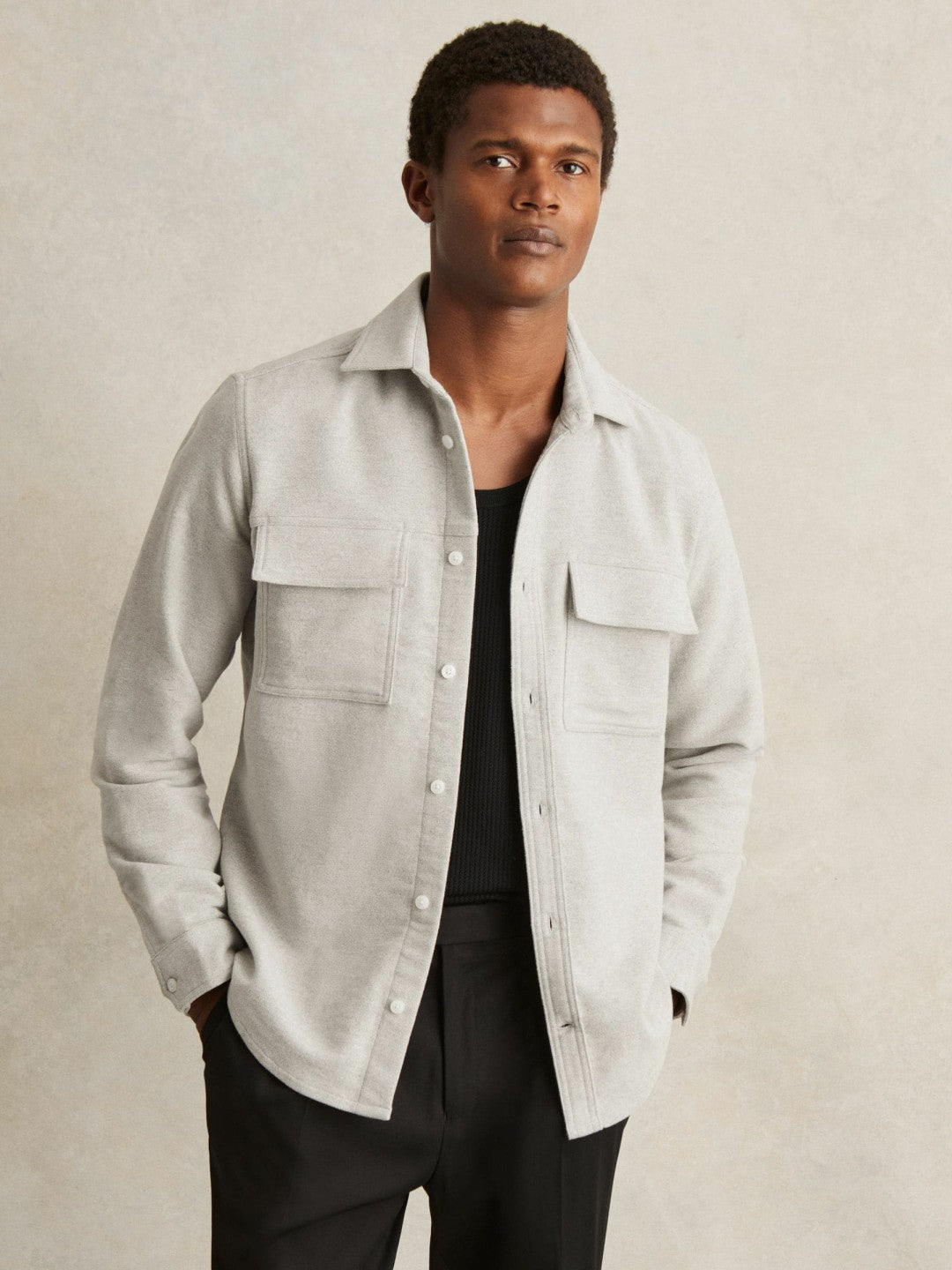 Reiss | Moleskin-Cotton Twin-Pocket Overshirt in Soft Grey Melange