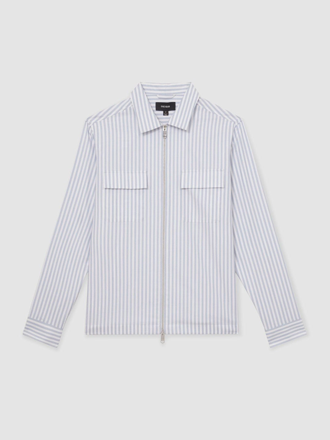 Reiss | Cotton Stripe Zip-Through Shirt in White/Soft Blue