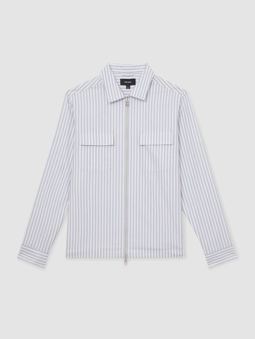 Reiss | Cotton Stripe Zip-Through Shirt in White/Soft Blue
