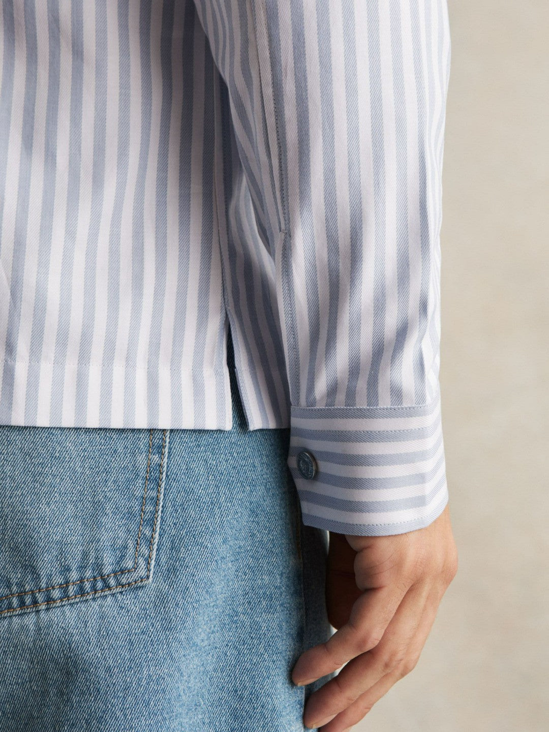 Reiss | Cotton Stripe Zip-Through Shirt in White/Soft Blue
