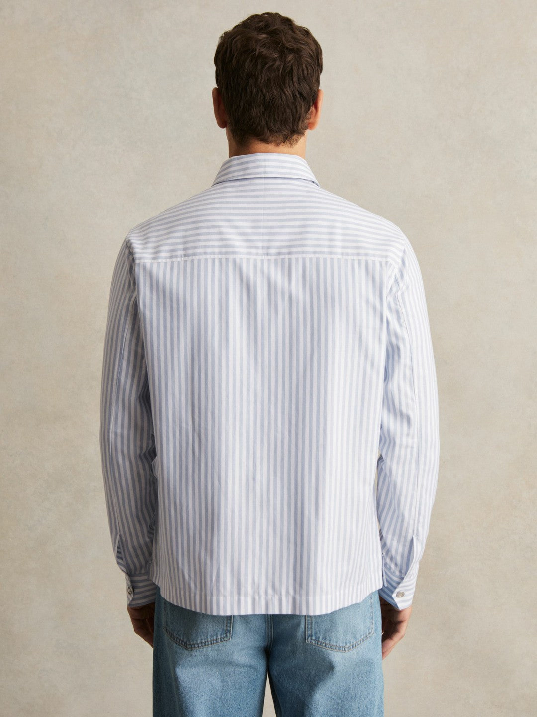 Reiss | Cotton Stripe Zip-Through Shirt in White/Soft Blue