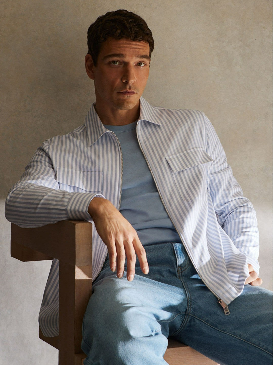 Reiss | Cotton Stripe Zip-Through Shirt in White/Soft Blue