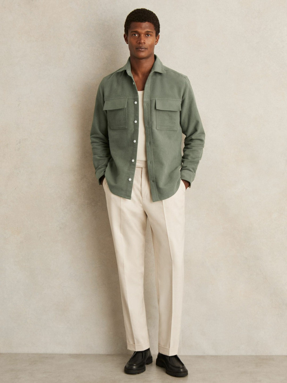 Reiss | Moleskin-Cotton Twin-Pocket Overshirt in Green