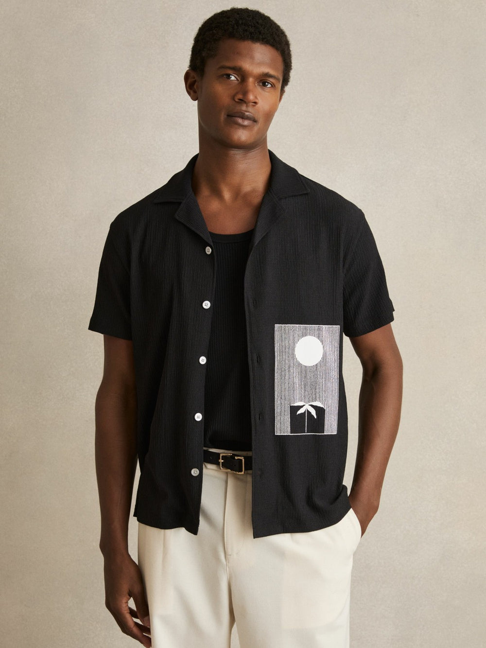 Reiss | Graphic Print Cuban-Collar Shirt in Black