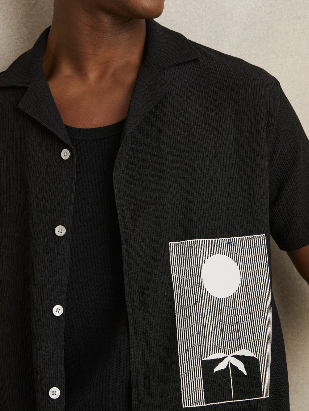 Reiss | Graphic Print Cuban-Collar Shirt in Black