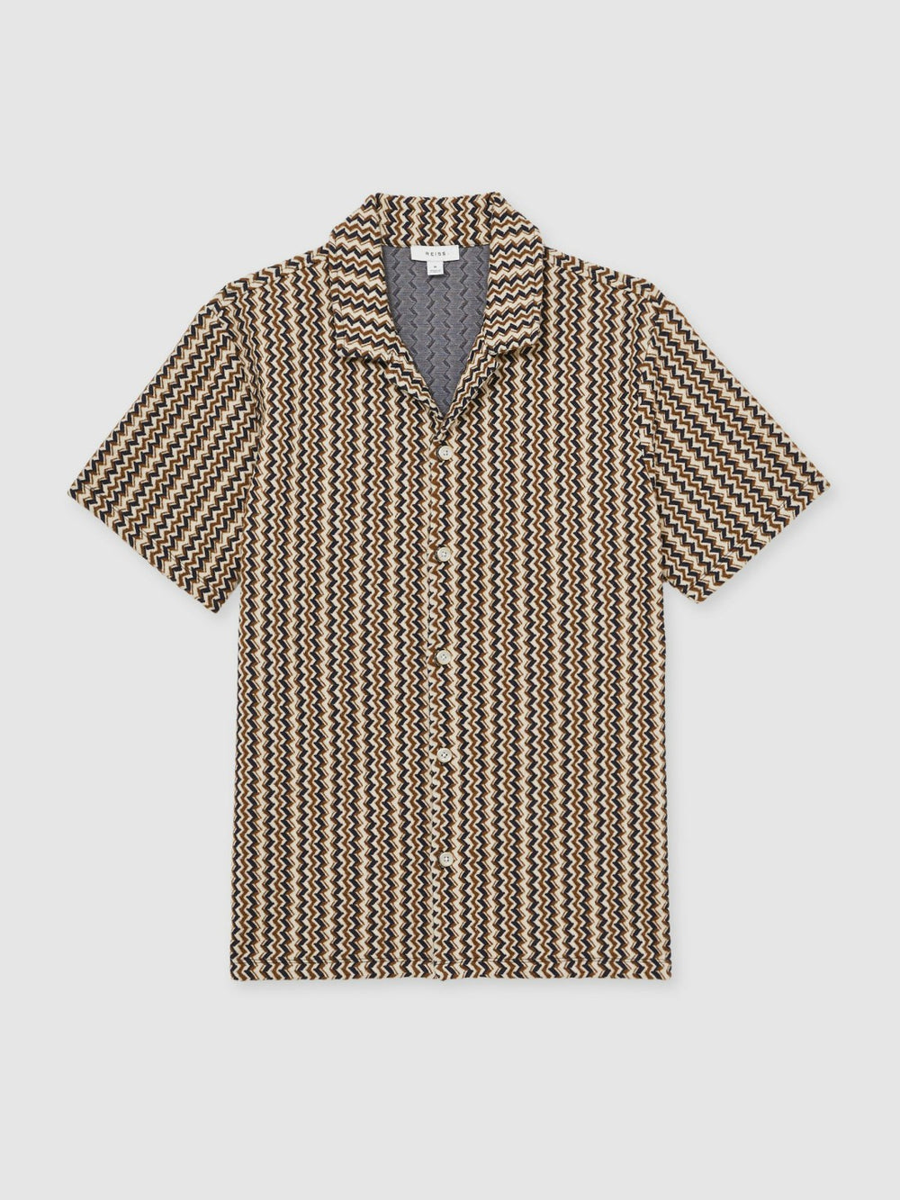 Reiss | Zig-Zag Knit Cuban-Collar Shirt in Tobacco Brown