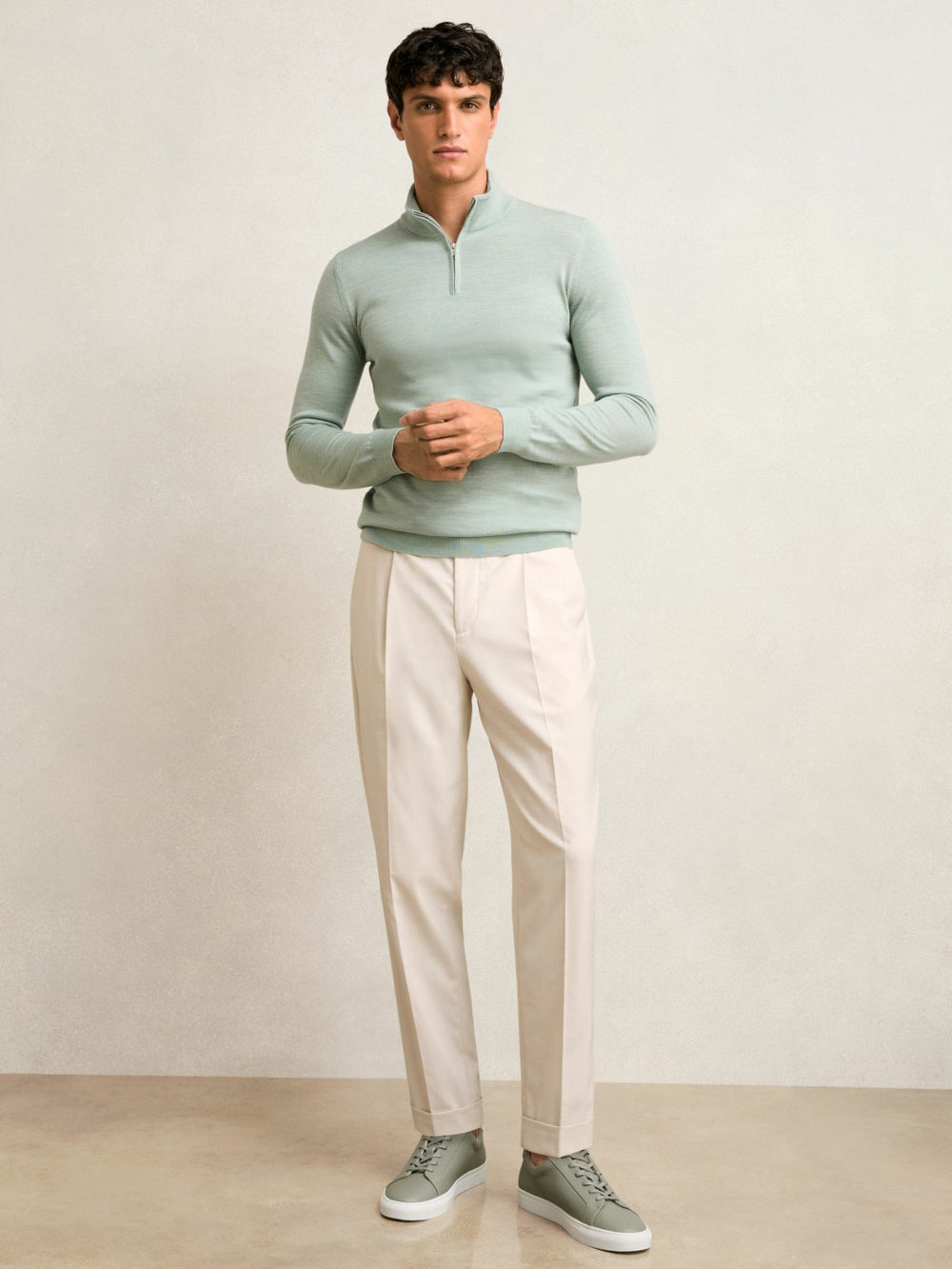 Reiss | Merino Wool Half-Zip Jumper in Sage Green Melange