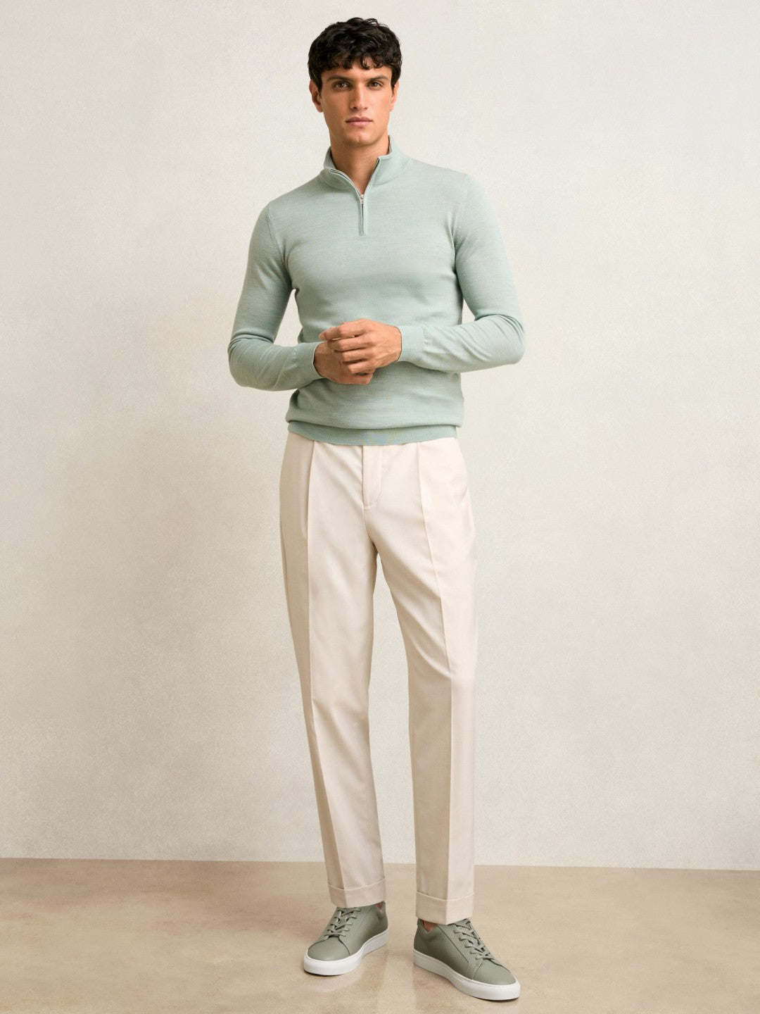 Reiss | Merino Wool Half-Zip Jumper in Sage Green Melange
