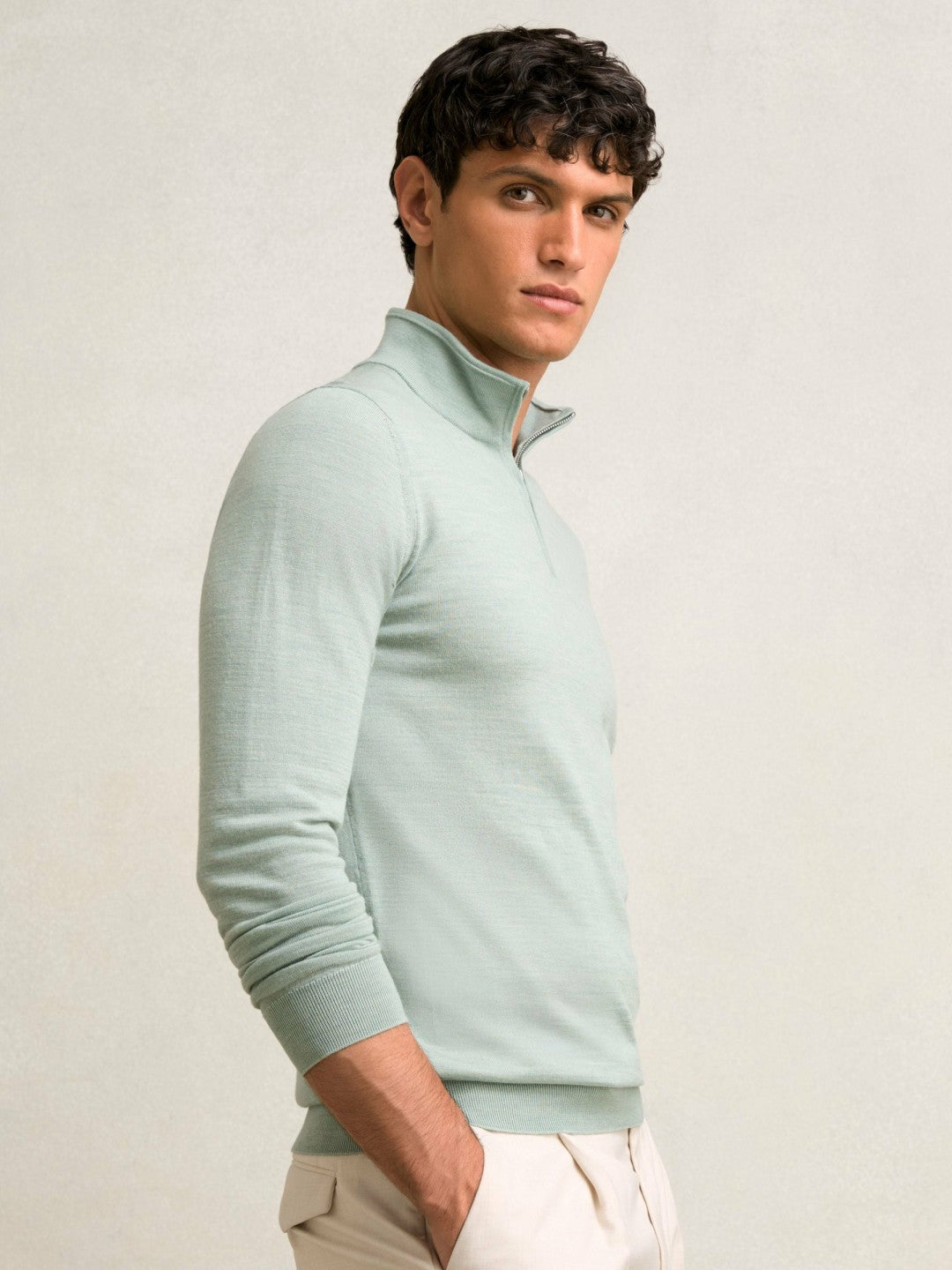 Reiss | Merino Wool Half-Zip Jumper in Sage Green Melange