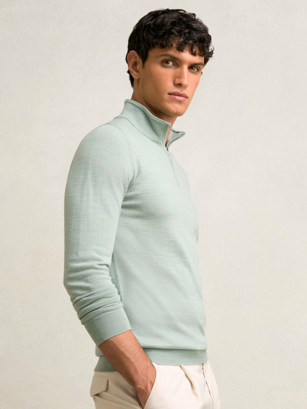 Reiss | Merino Wool Half-Zip Jumper in Sage Green Melange
