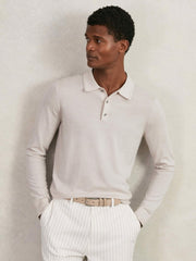 Reiss | Merino Wool Long-Sleeve Polo Shirt in Beige