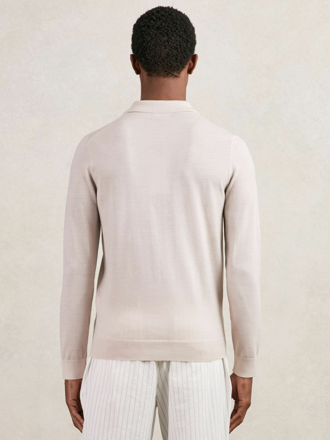 Reiss | Merino Wool Long-Sleeve Polo Shirt in Beige