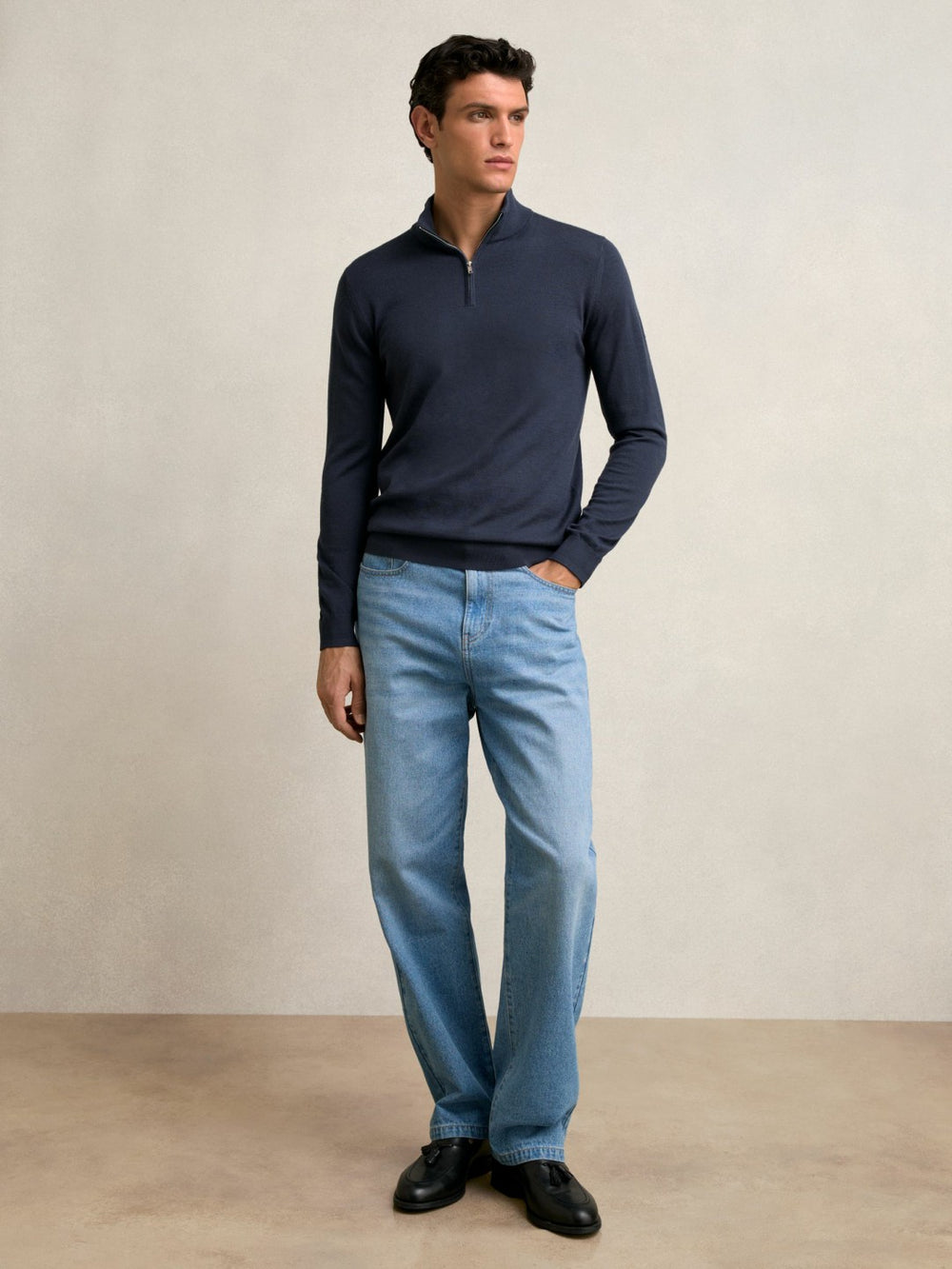Reiss | Merino Wool Half-Zip Jumper in Midnight Navy