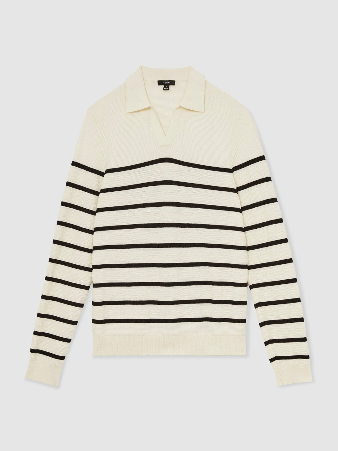 Reiss | Cotton Blend Stripe Knit Polo Shirt in Warm Stone/Black