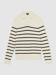 Reiss | Cotton Blend Stripe Knit Polo Shirt in Warm Stone/Black