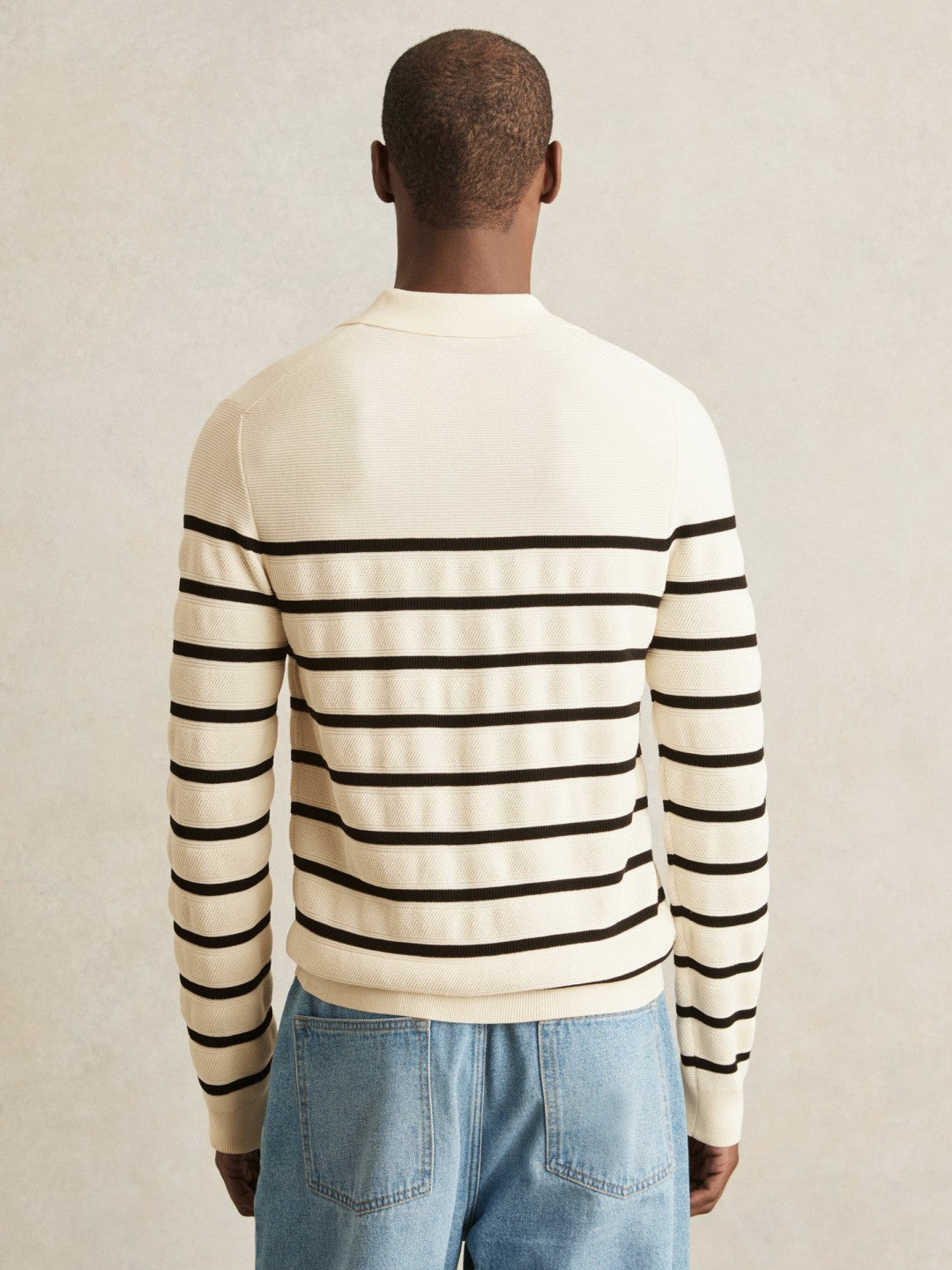 Reiss | Cotton Blend Stripe Knit Polo Shirt in Warm Stone/Black