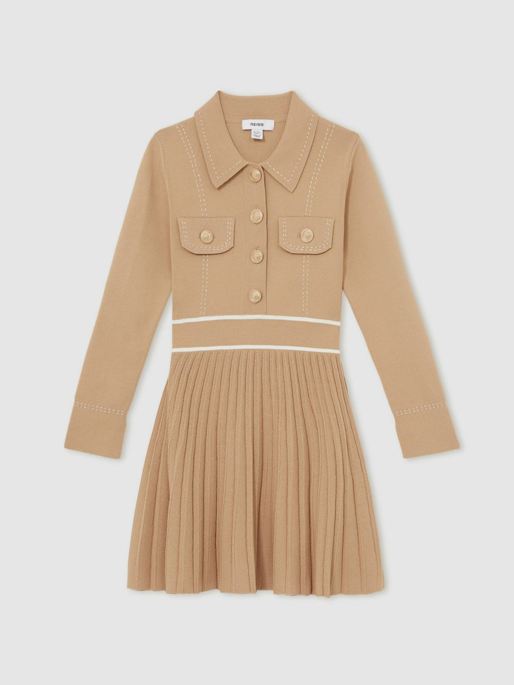 Reiss | 9-13 yrs Button-Detail Stripe Knitted Dress in Camel