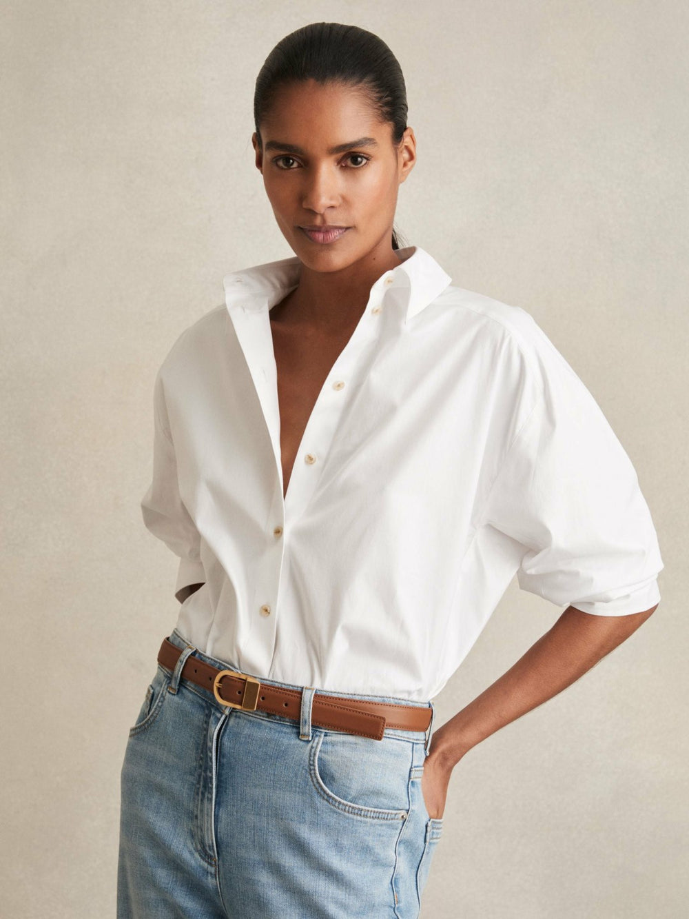 Reiss | Leather Curved-Buckle Belt in Tan