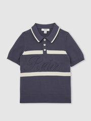 Reiss | 3-9 yrs Cotton Logo-Embossed Knit Polo Shirt in Indigo Blue/White