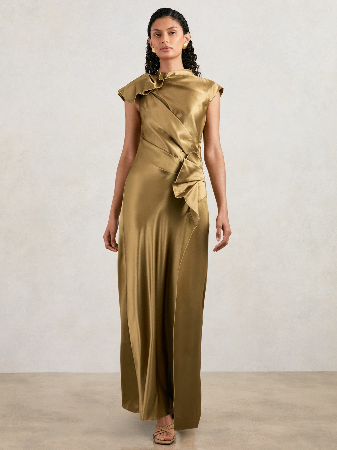 Reiss | Acler Draped Satin Midi Dress in Gold Moss